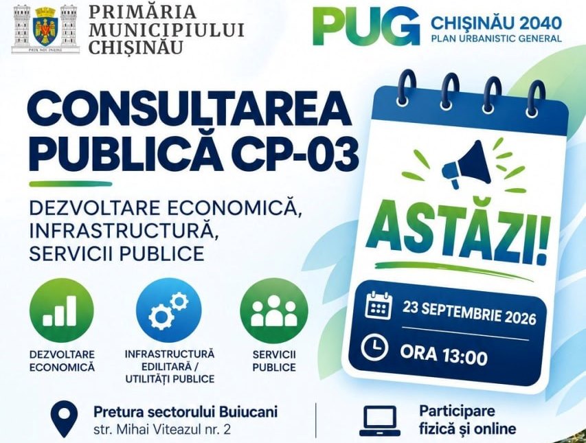 Consultarea Publică CP-03, dedicată prezentării Studiilor de Fundamentare pentru Planul Urbanistic General Chișinău 2040, „Dezvoltare Economică”, „Infrastructură Edilitară/Utilități Publice” și „Servicii Publice”